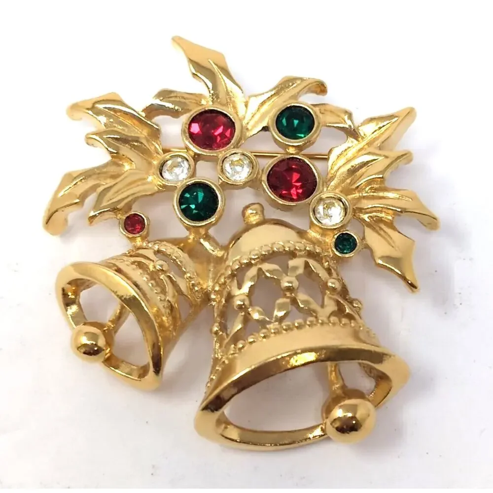 VTG Avon Jewelry Christmas Brooch Bells Gold Tone Red Green‎ Clear Rhinestones